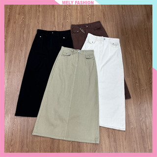  Chân váy jean chữ A dáng dài Mely Fashion cạp cao xẻ sau có túi trước sau tôn dáng che bụng dễ phối đồ có bigsize CV127 