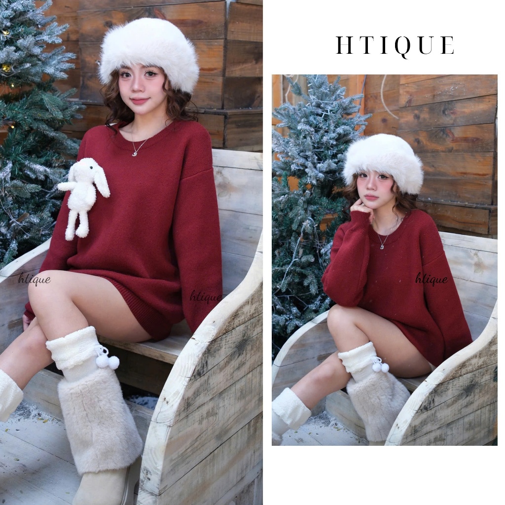 (BST MERRY CHRISTMAS HTIQUE) DEAL mở bán Áo len Sweater form rộng, Áo lẻn dệt kim đỏ đô Christmas Mo