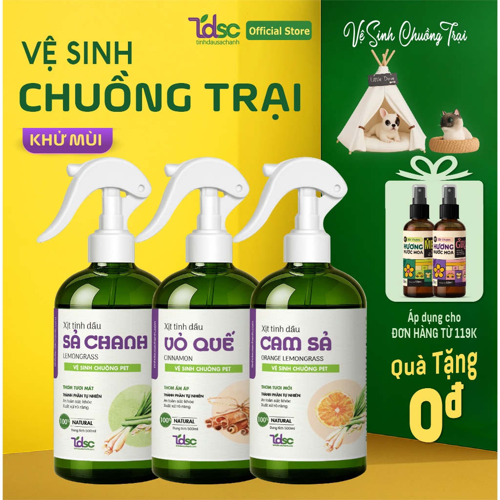 Xịt Vệ Sinh Chuồng Trại Khử Mùi Chất Thải, Nước Tiểu Thú Cưng TINHDAUSACHANH 100ml/500ml Xịt Thơm Đuổi Ve Rận Cho Chó M