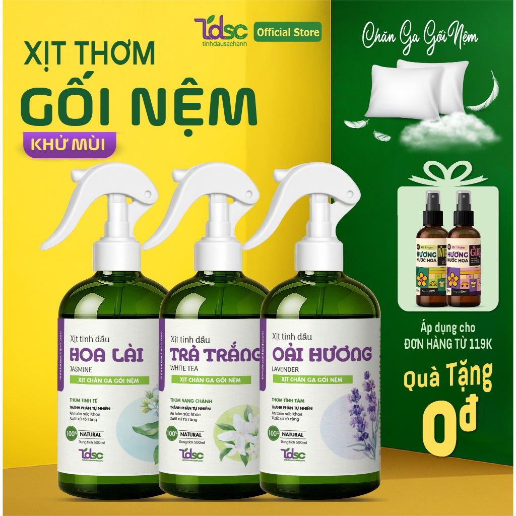 Chai Xịt Thơm Chăn Ga Gối Nệm Khử Mùi Khử Khuẩn Ẩm Mốc TINHDAUSACHANH 100ml/500ml Tinh Dầu Bạc Hà,Vỏ Quế,Oải Hương