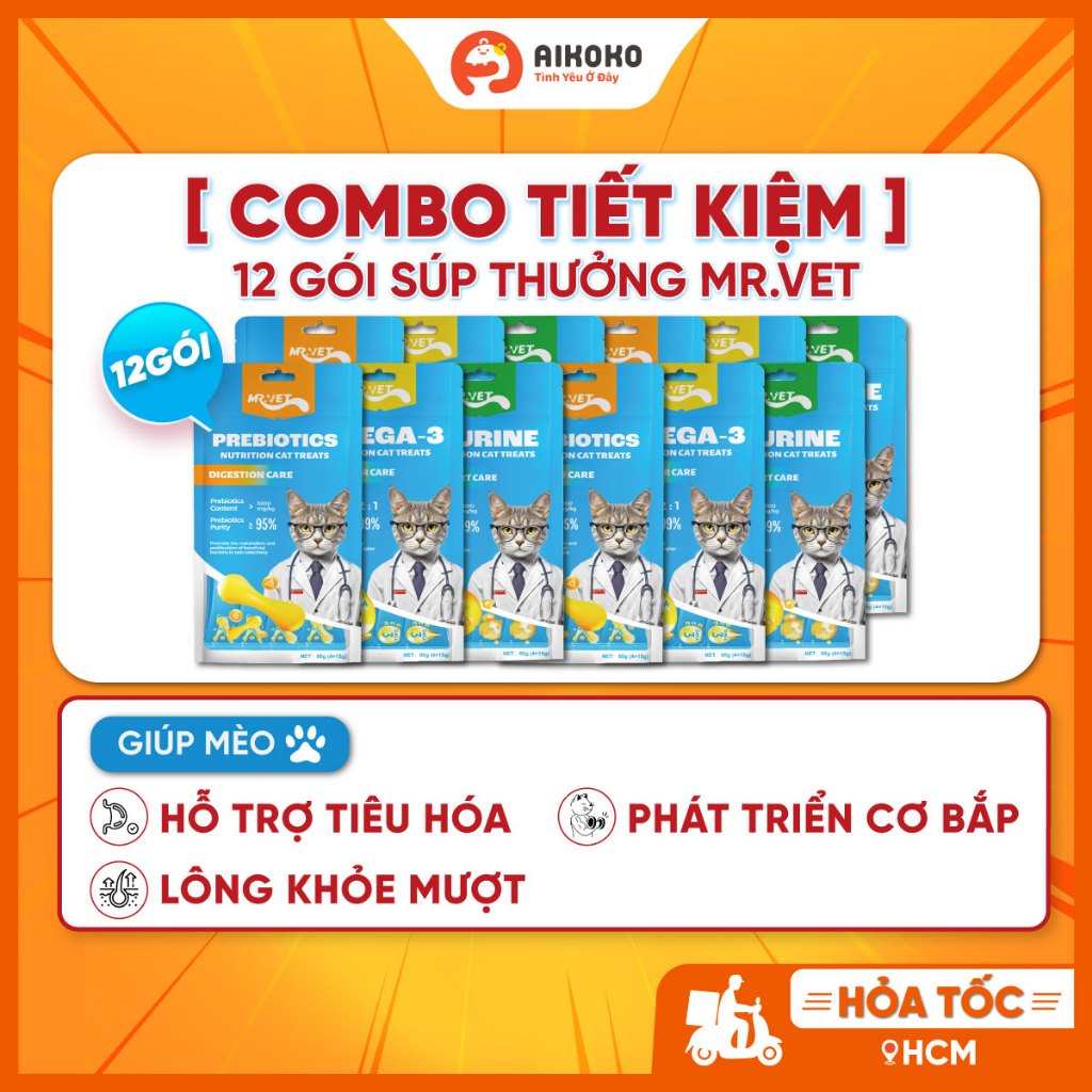  【COMBO 12 GÓI Súp Thưởng Mr.Vet Cao Cấp Cho Mèo - Bổ Sung Omega-4 Taurine Prebiotics - Aikoko 