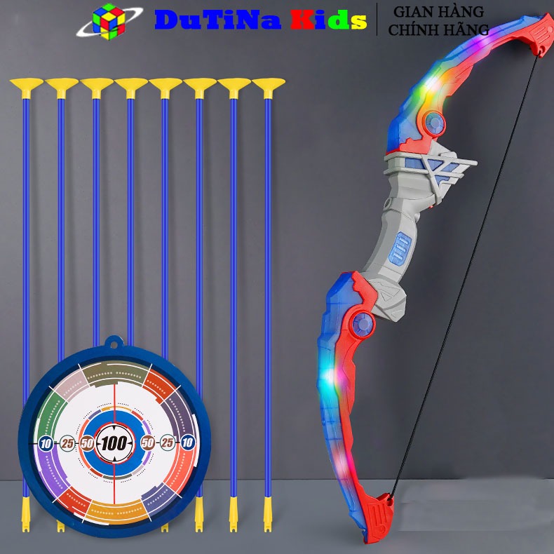Đồ chơi bắn cung cho bé DuTiNa Kids có 1 bia hồng tâm, 1 cung tên, 8 mũi tên bằng silicon