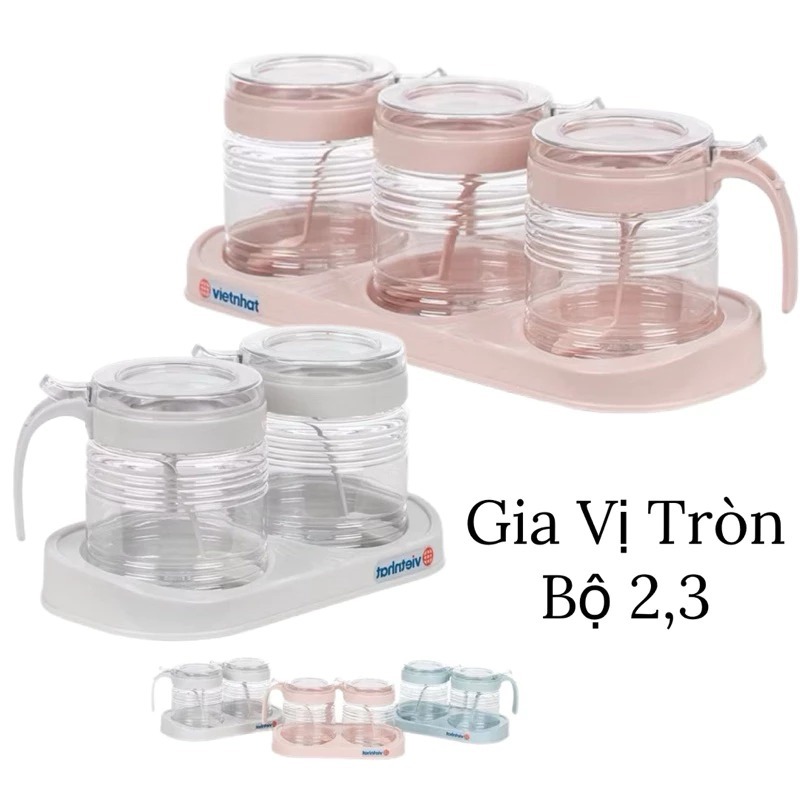 Bộ 2,3 lọ gia vị tròn Hokori Việt Nhật đựng có nắp đậy, tay cầm an toàn, tiện lợi, Bộ đựng gia vị