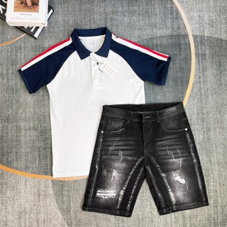  COMBO ÁO TRẮNG POLO KẺ SỌC ĐỎ TAY PHỐI QUẦN JEAN SHORT NAM RÁCH VẨY SƠN CHẤT COTTON CO DÃN FORM ÔM ĐẸP 