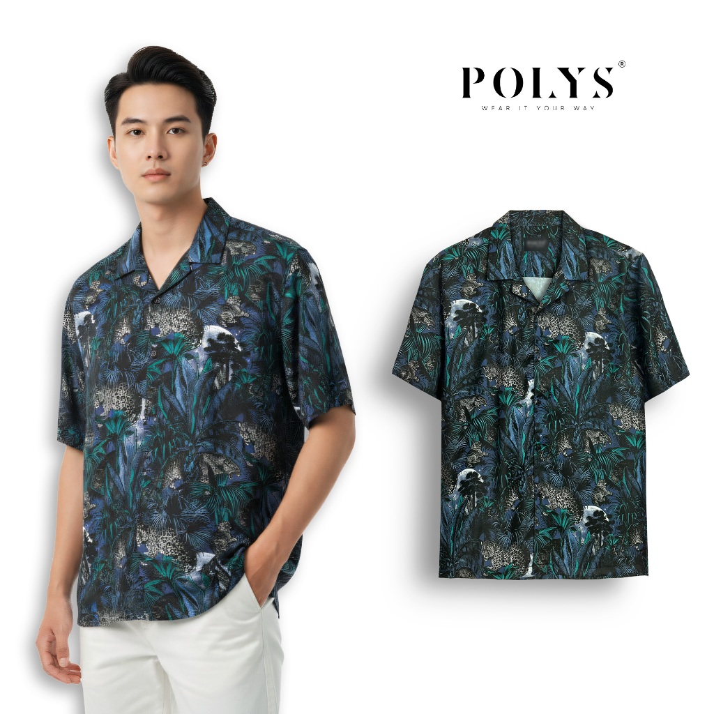 Áo sơ mi nam POLYS, Vải Lụa co giãn 4 chiều, mềm mịn, thoáng khí sơ mi họa tiết FOREST