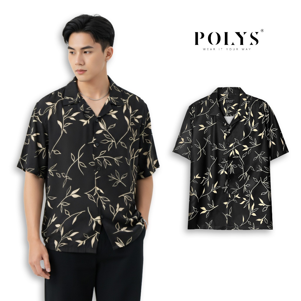 Áo sơ mi nam POLYS, Vải Lụa co giãn 4 chiều mềm mịn thoáng khí. Sơ mi họa tiết GOLDEN LEAVES
