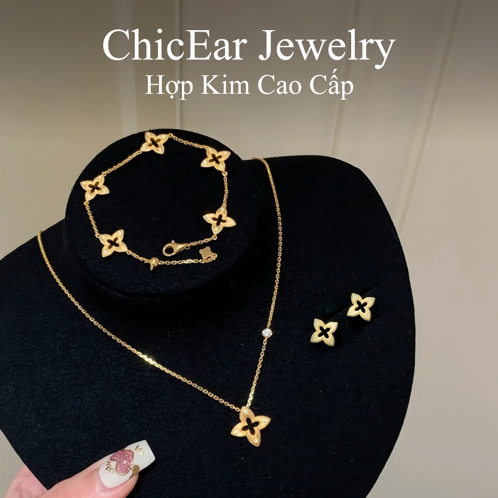 Bộ Dây Chuyền Vòng Tay Bông Tai nữ cỏ 4 lá mạ vàng phong cách mới sang trọng nhẹ nhàng, quà tặng cao cấp cho người yêu