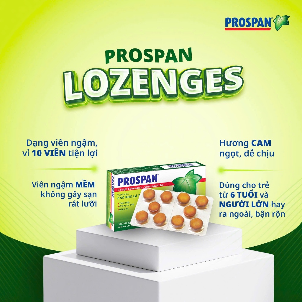 Viên ngậm ho Prospan Cough Lozenges thảo dược hỗ trợ giảm ho tiêu nhầy hộp 20 viêm ngậm