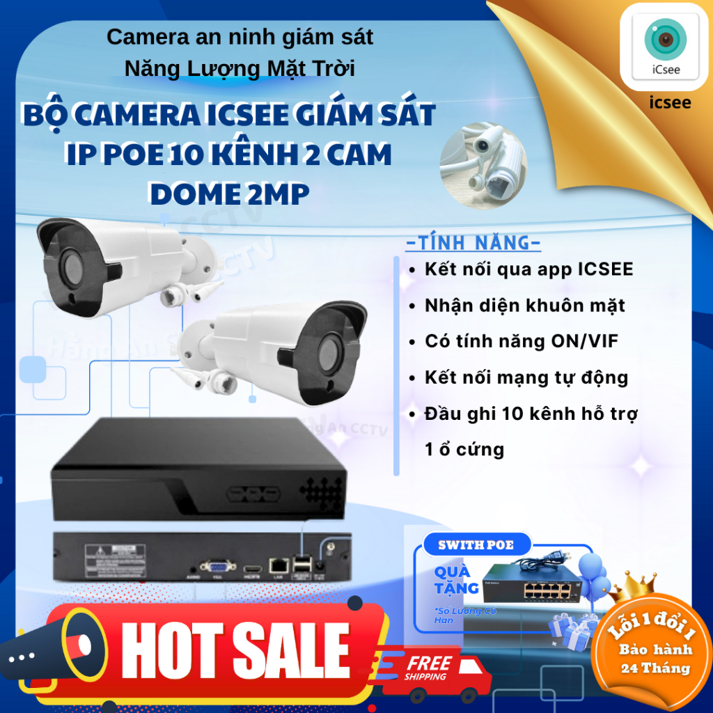 Bộ camera giám sát IP POE iCSee 10 kênh 2MP 1080P