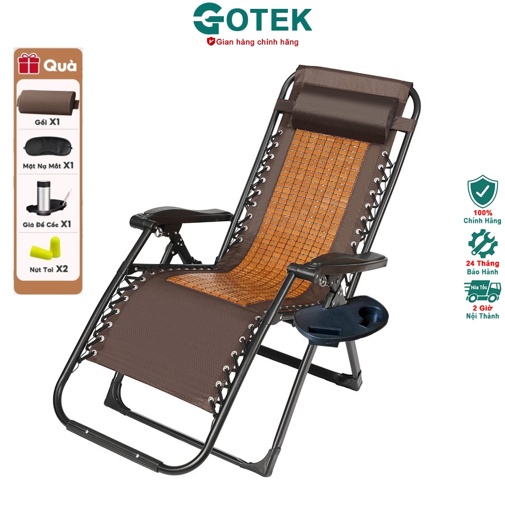 Ghế thư giãn gấp gọn cao cấp Gotek, đệm lưng chiếu trúc thoáng mát, khung thép chắc chắn tặng kèm kh