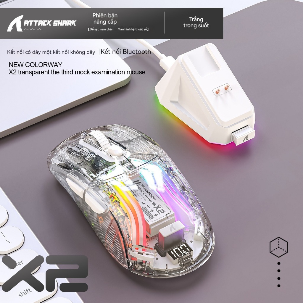 Chuột Gaming Attack Shark X2 Pro Trong Suốt RGB 3 Chế Độ Esports Pro