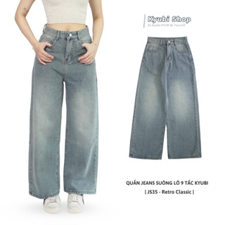  Quần jeans ống suông rộng lửng 9 tấc Nấm Lùn chất liệu vải Premium cao cấp  có bigsize -quần bò tôn cao dáng Kyubi JS18 