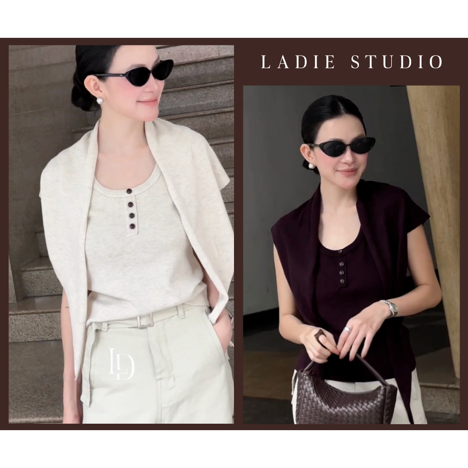 Áo Ba Lỗ Nữ Len Kèm Khăn Choàng Cổ Nút Trước, AO110, Ladie Studio