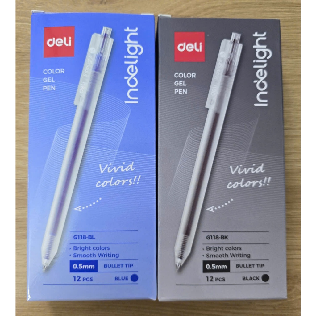 Hộp 12 cây bút gel nước mực ( Đen ,Xanh  Deli G118 -BL ngòi 0.5mm, nhanh khô viết đều trơn