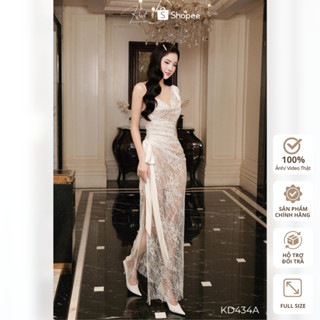  Đầm ren trắng dài Khiết Style thiết kế xẻ tà phối nơ thả rũ sang trọng phong cách tiệc quyến rũ KD434A 
