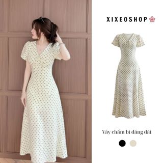  Váy chấm bi XIXEOSHOP dáng dài và dáng ngắn cổ V tay phồng hàn quốc xixeoshop - V55 
