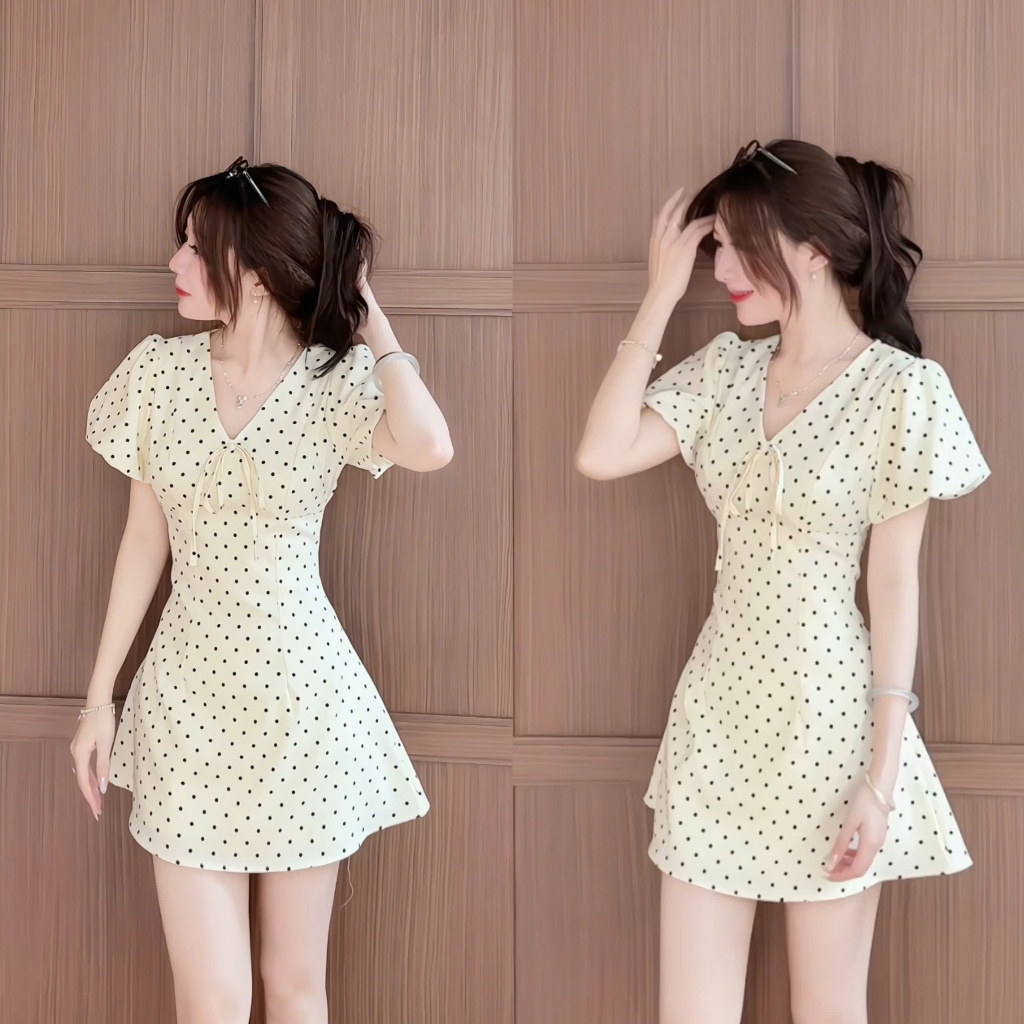 Váy chấm bi XIXEOSHOP dáng dài và dáng ngắn cổ V tay phồng hàn quốc xixeoshop - V55 | BigBuy360 - bigbuy360.vn