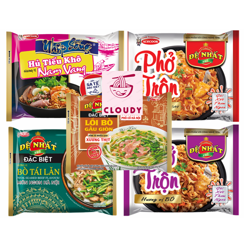 5 gói Phở Bò tái lăn, Phở lõi bò gầu giòn, Phở trộn bò, thập cẩm cay, Hủ tiếu khô nam vang Acecook