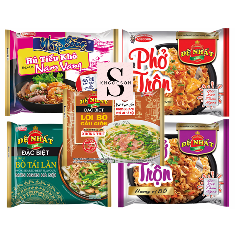 5 gói Phở Bò tái lăn, Phở lõi bò gầu giòn, Phở trộn bò, thập cẩm cay, Hủ tiếu khô nam vang Acecook