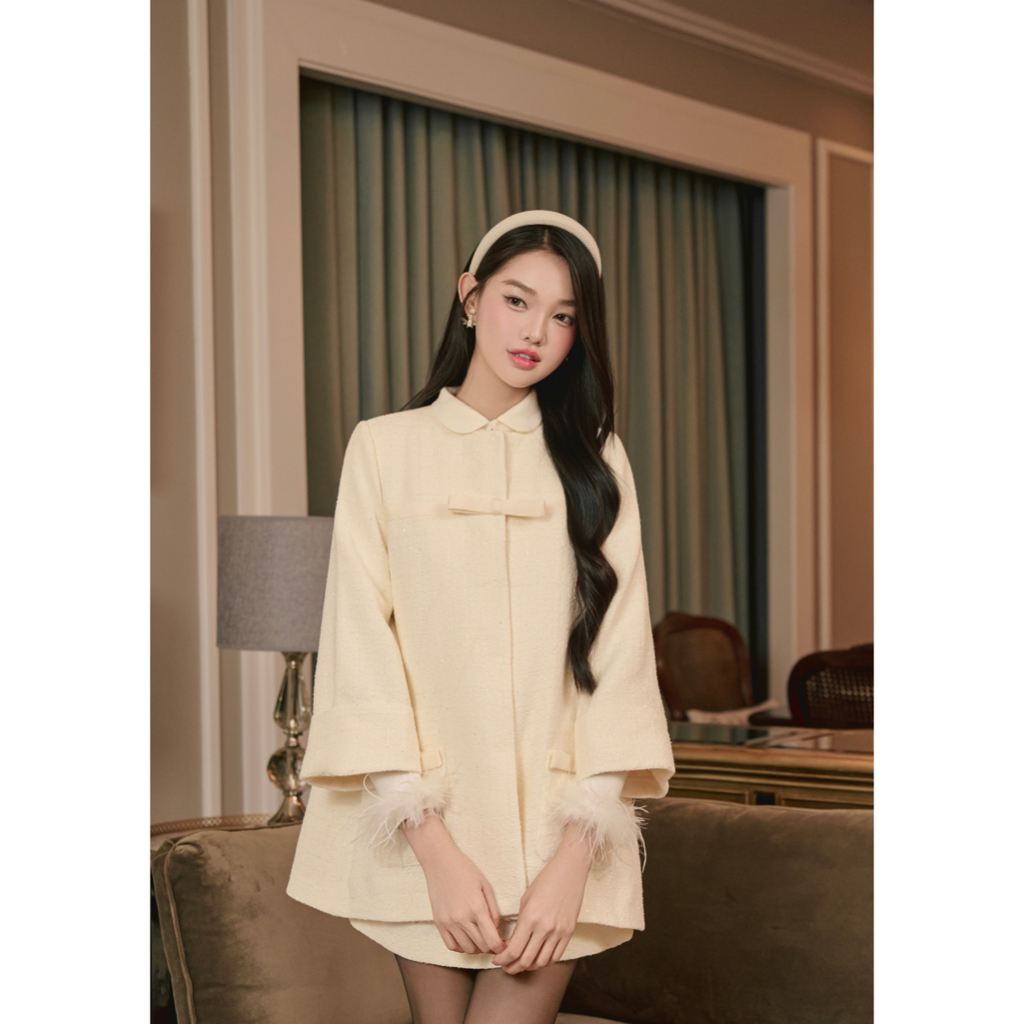 ARA - Áo khoác choàng dạ Tweed dáng xòe đính nơ Maelis Coat Al158