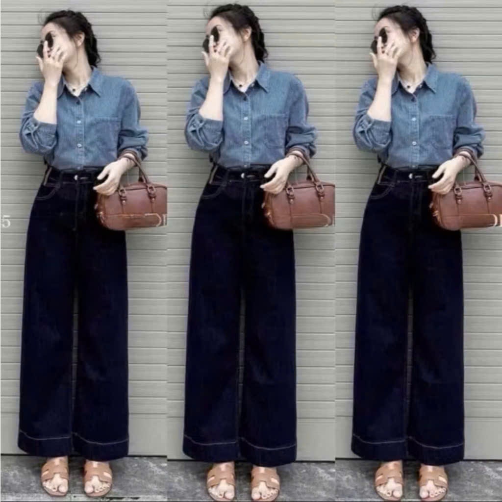 [Mã Mới] - Quần Jeans Suông Phối Mac Da Nhỏ Gấu Bản To dài 97cm/102cm #7992#8078 - NgocDiepVuSTORE