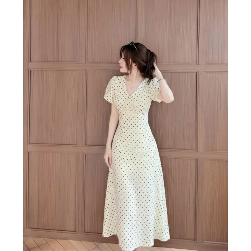 Váy chấm bi XIXEOSHOP dáng dài và dáng ngắn cổ V tay phồng hàn quốc xixeoshop - V55 | BigBuy360 - bigbuy360.vn