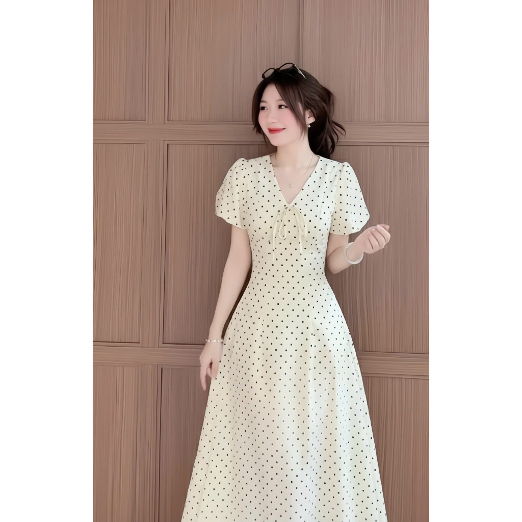 Váy chấm bi XIXEOSHOP dáng dài và dáng ngắn cổ V tay phồng hàn quốc xixeoshop - V55 | BigBuy360 - bigbuy360.vn