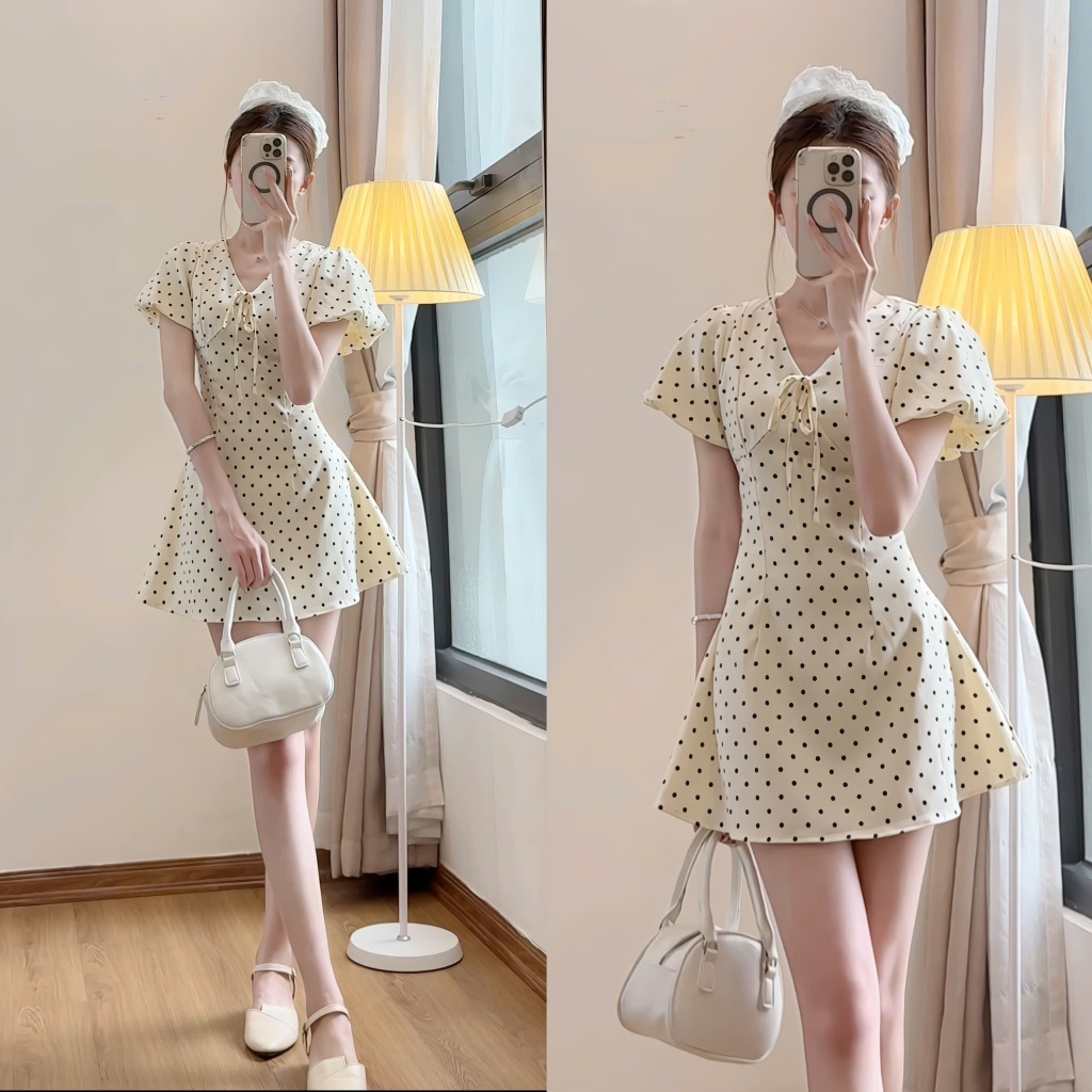 Váy chấm bi XIXEOSHOP dáng dài và dáng ngắn cổ V tay phồng hàn quốc xixeoshop - V55 | BigBuy360 - bigbuy360.vn