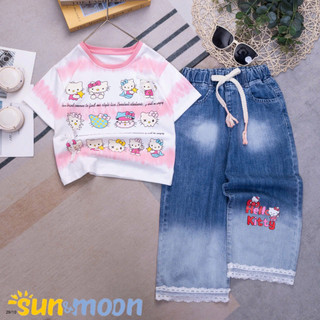  Set cho bé gái áo thun cotton quần jean mềm ống rộng size từ 14kg đến 52kg - Mebena 
