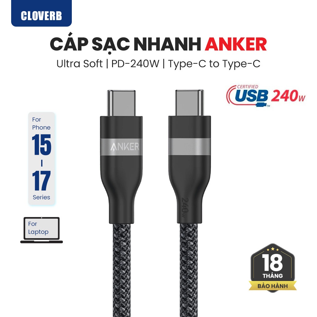 Cáp Sạc Nhanh Anker A82E2 - Type-C 240W Dây Dù - Dành Cho iPhone 15/16/17/MacBook - CloverB