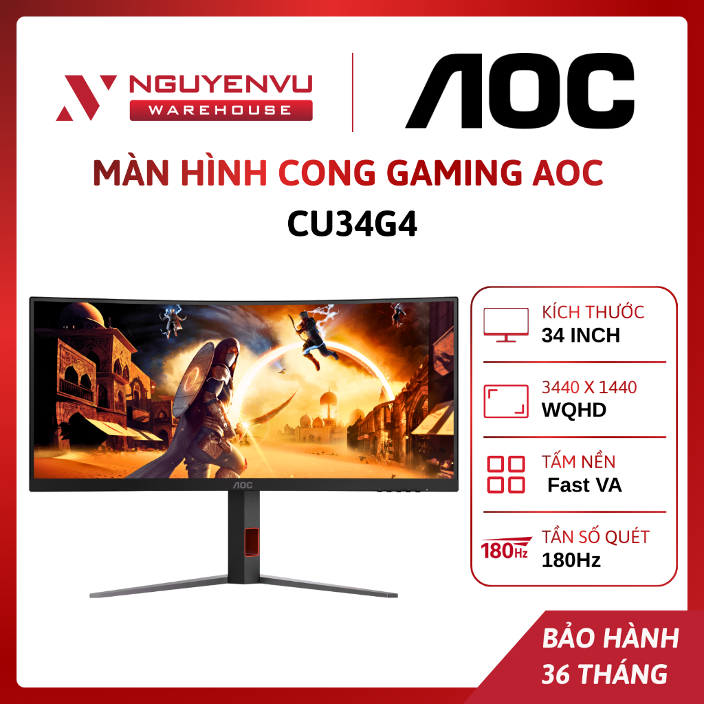 Màn hình cong gaming AOC CU34G4 34 inch (WQHD/Fast VA/180HZ/0.5ms/Delta E<2/1500R) | BẢO HÀNH 36 THÁ