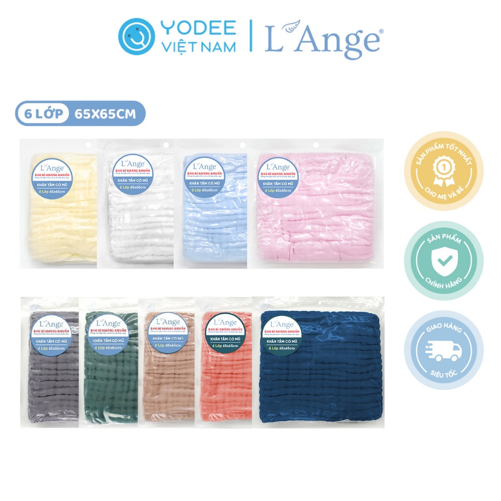 L’Ange Khăn tắm/Khăn quấn có nón vải bông 6 lớp 65x65cm