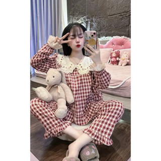  Bộ Pyjama Dài Tay Cổ Bèo Phối Ren Tiểu Thư Sang Chảnh- Chất Vải Nhung Mềm Mại- Bộ Ngủ Dài Tay Cho Nữ 