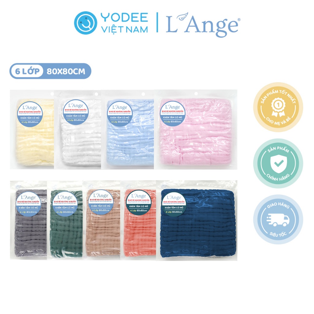 L’Ange Khăn tắm/Khăn quấn/Chăn đắp có nón vải bông 6 lớp 80x80cm cho bé