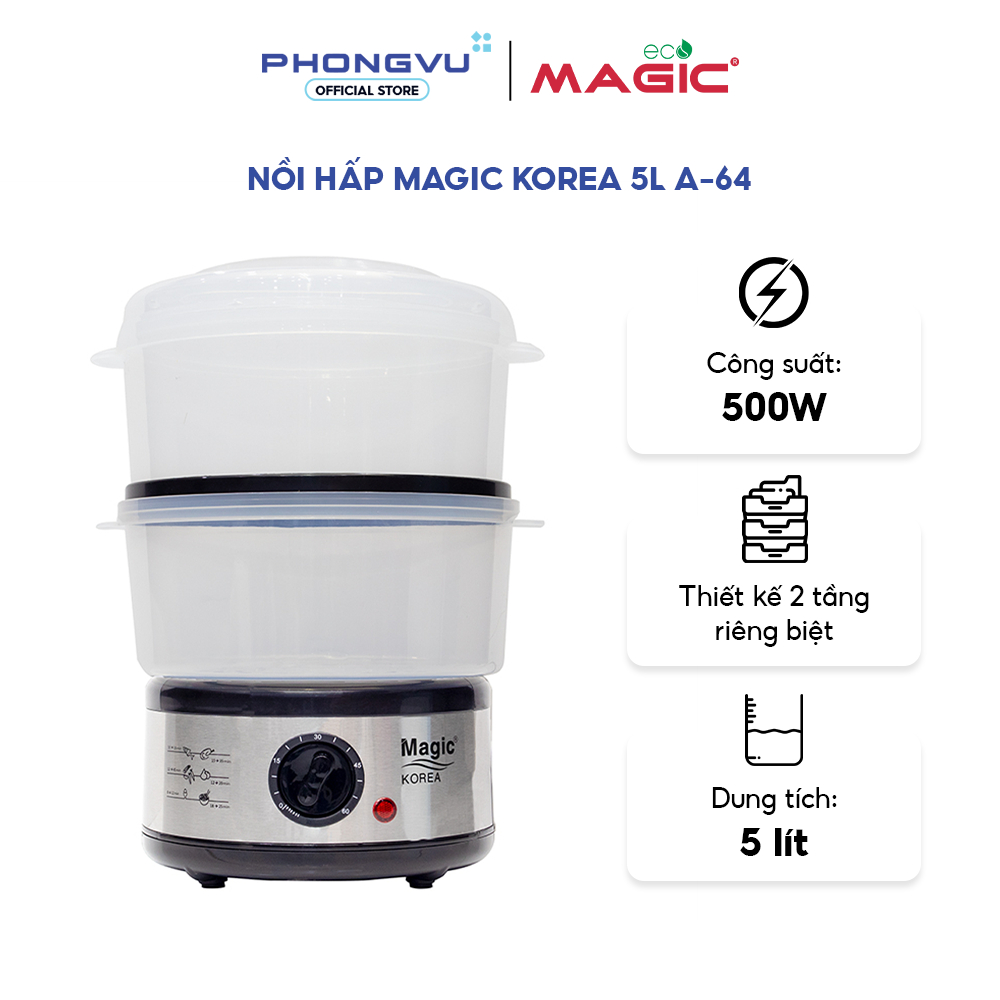 Nồi Hấp Magic A-64 (5L) - 2 Tầng Đa Năng, Công Suất 500W, Hẹn Giờ Tự Động - Bảo Hành 12 Tháng