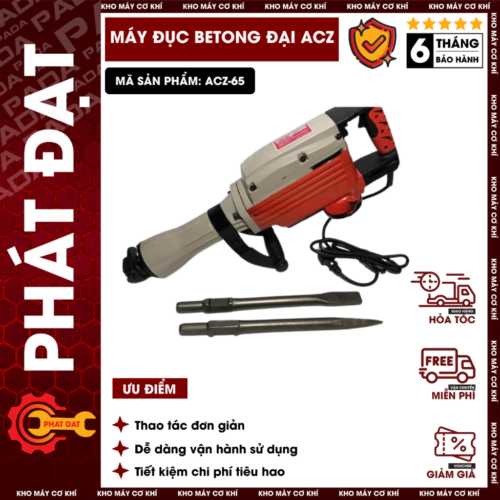 Máy Đục Betong Cỡ Đại ACZ-65, Công Suất 2200W, Tốc Độ 1450v/phút, Chính Hãng, Bảo Hành 6 Tháng