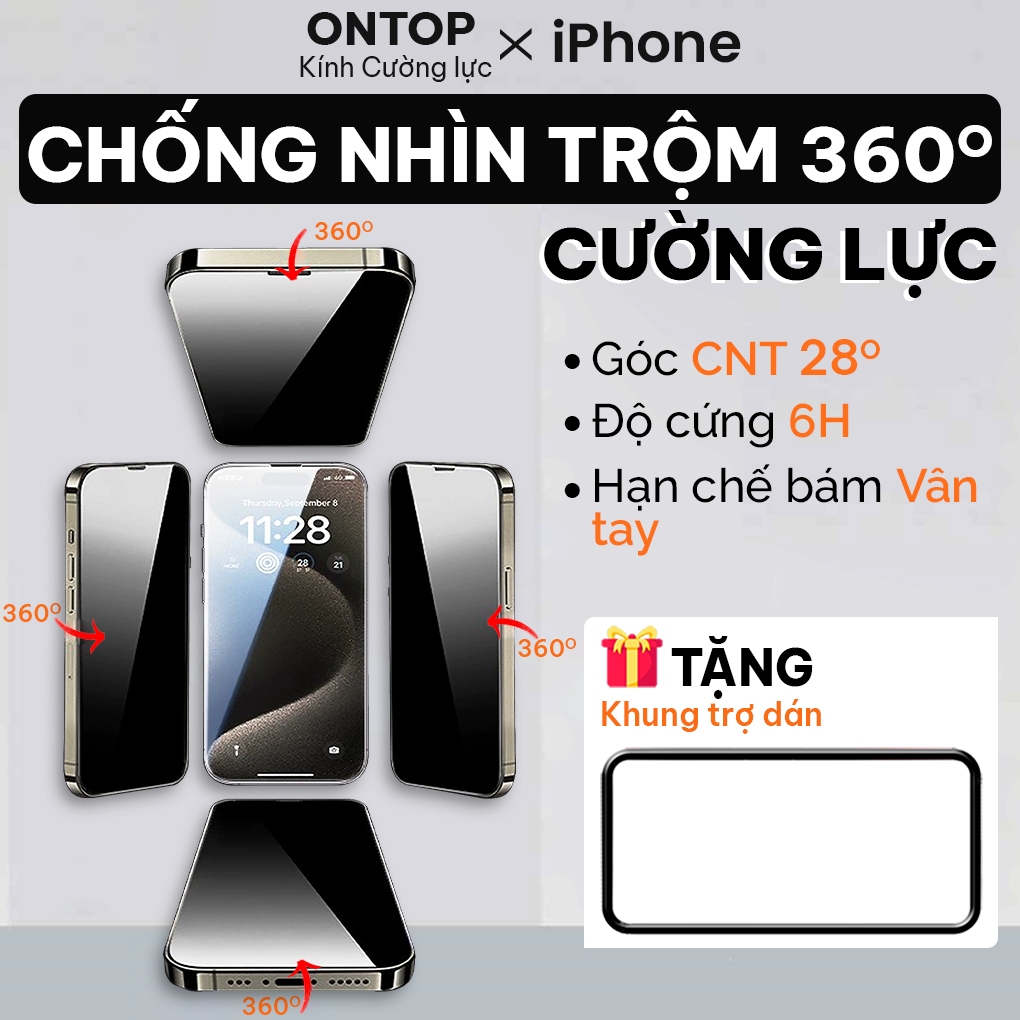 Kính Cường Lực iPhone 17 Pro Max/17 Air/16/15/14 [Chống Nhìn Trộm 360 Độ] - Bảo Mật 4 Chiều Trên/Dưới/Trái/Phải
