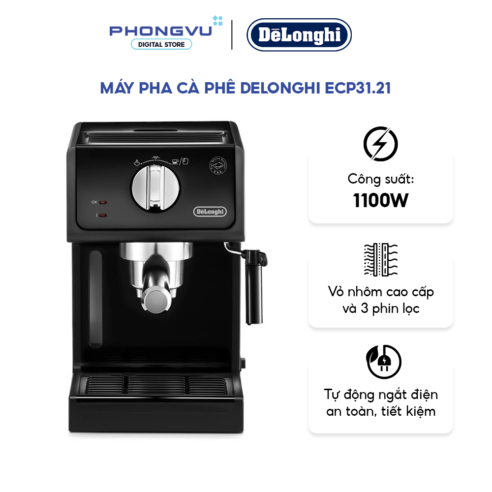 Máy pha cà phê Delonghi ECP31.21 - 15 Bar, 1.1 L, Vòi Hơi Cappuccino, 3 Phin Lọc, Màu Đen - Bảo hành 12 tháng