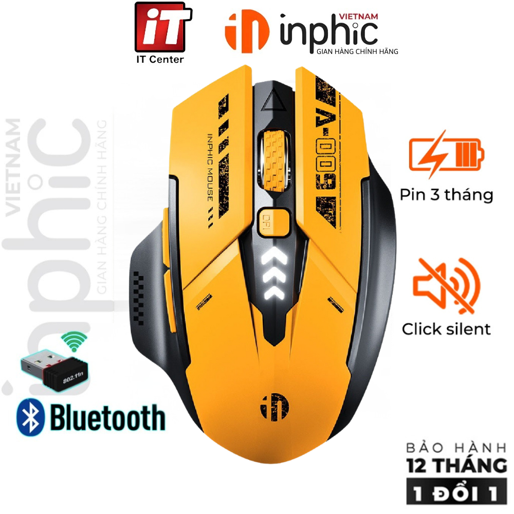 Chuột gaming bluetooth INPHIC A9 6 nút silent tắt âm led hiển thị pin thiết kế công thái học