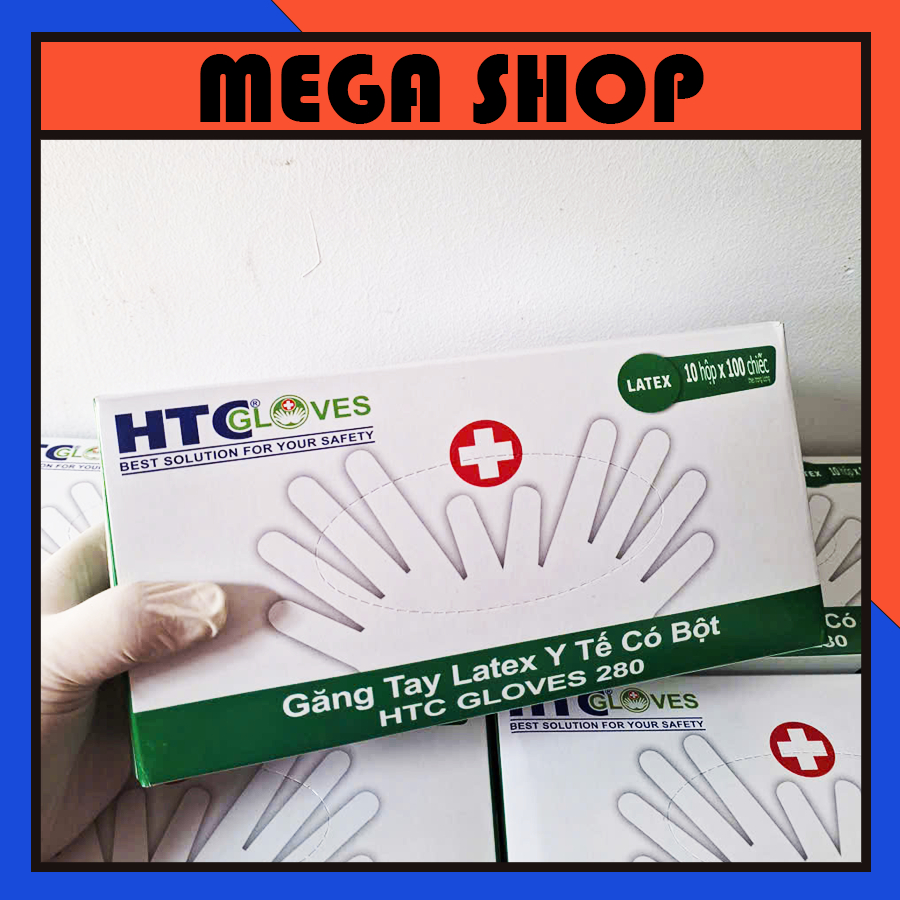 [THÙNG] 10 HỘP Găng tay Latex HTC Gloves CÓ BỘT, size XS, S, M, L, XL