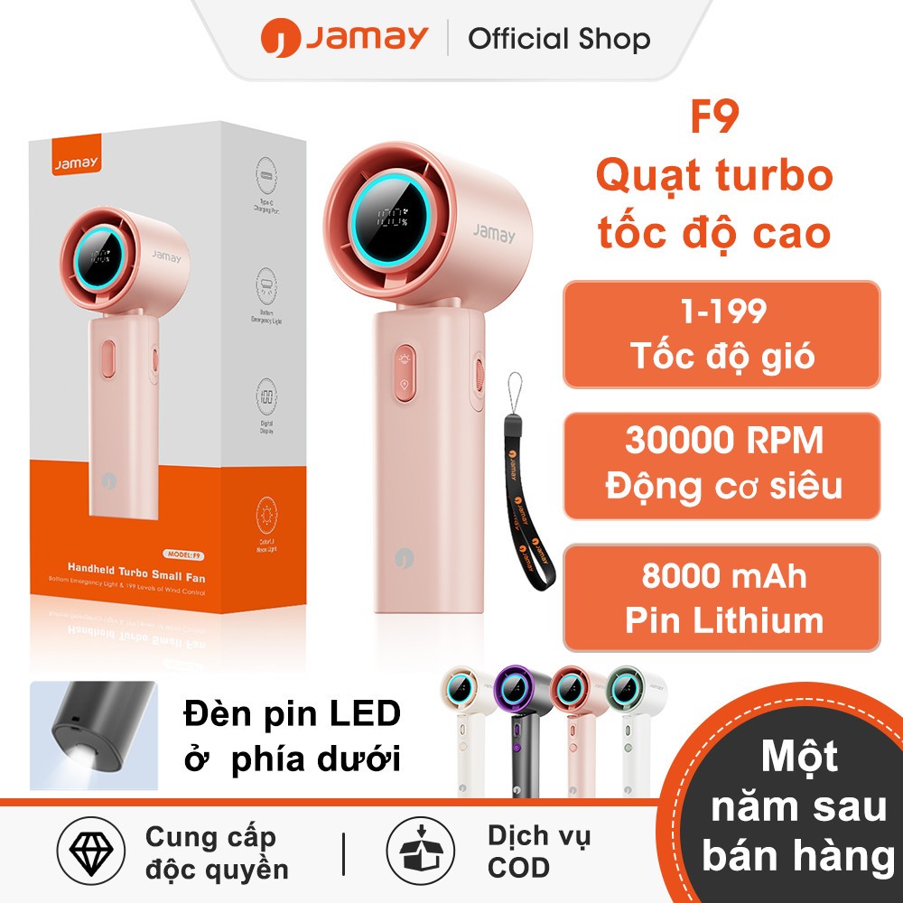 JAMAY F9 Quạt quạt cầm tay mini có thể gập lại, điều chỉnh tốc độ cao 199 cấp độ, đèn khẩn cấp