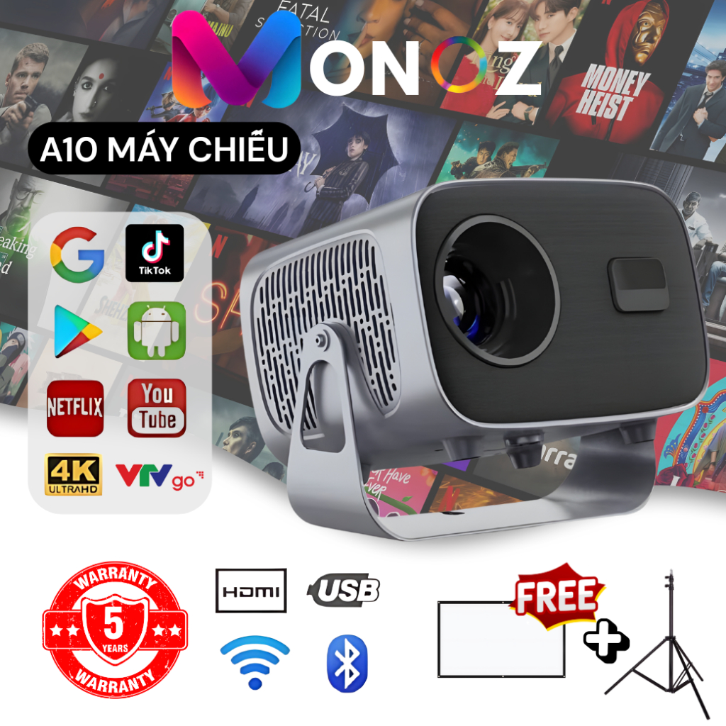 Máy chiếu MONOZ A10, hỗ trợ chất lượng video Full HD, xoay 360 độ, cho trải nghiệm Smart TV tại nhà