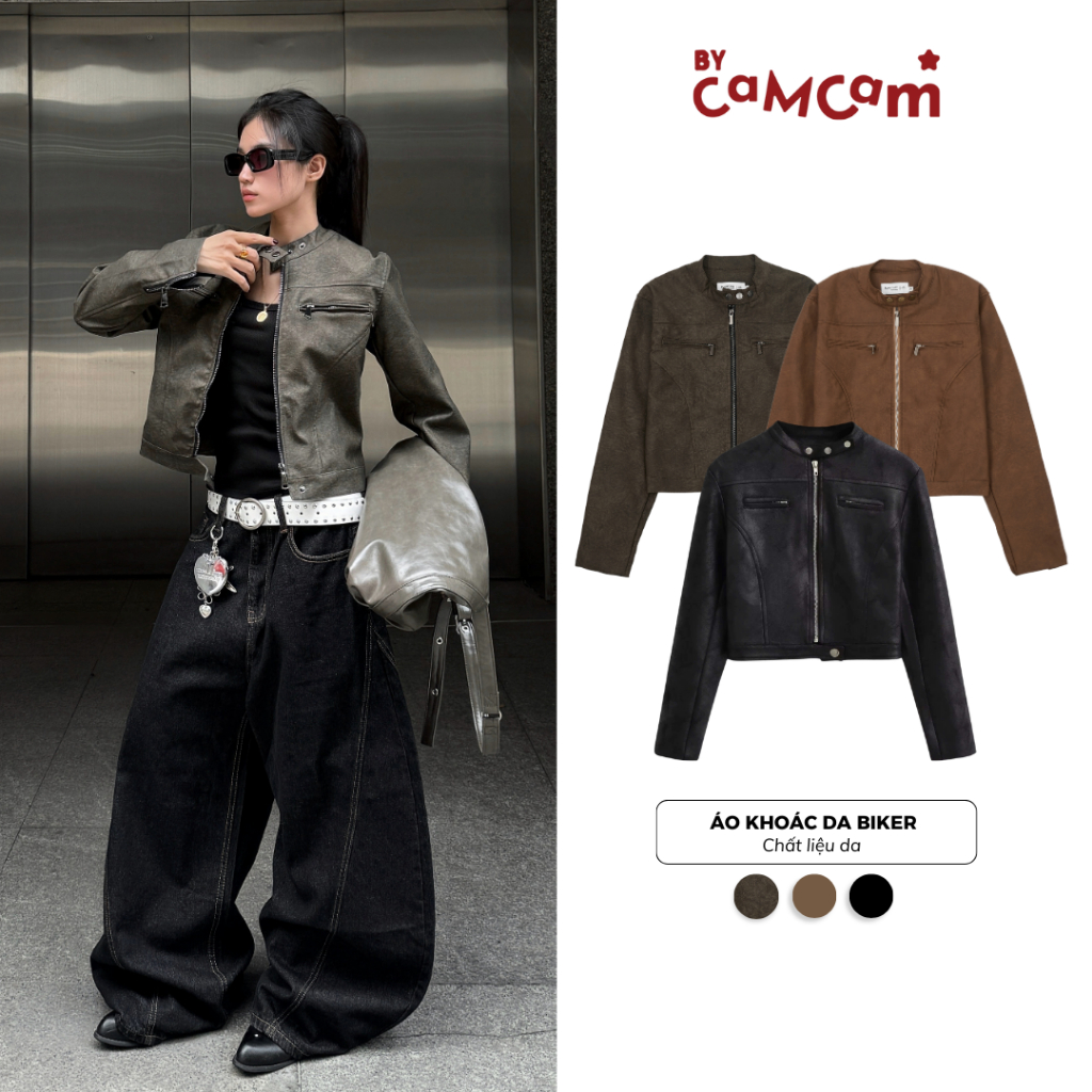 Áo Khoác Da 𝑩𝒚𝒄𝒂𝒎𝒄𝒂𝒎 Biker Dáng Ngắn Croptop Thời Trang Nữ. AKHD047
