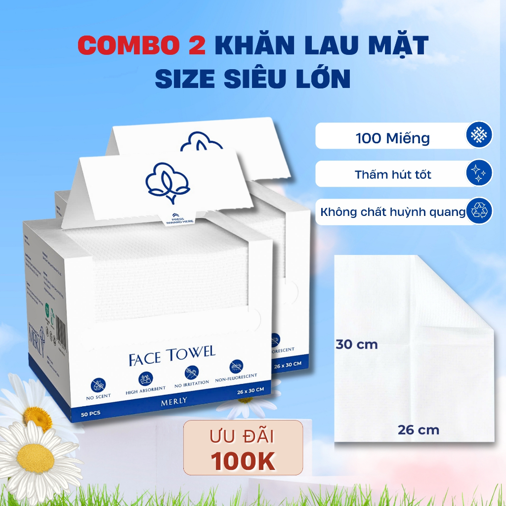 Combo 2 Khăn mặt dùng 1 lần khổ lớn 26x30 cm MERLY