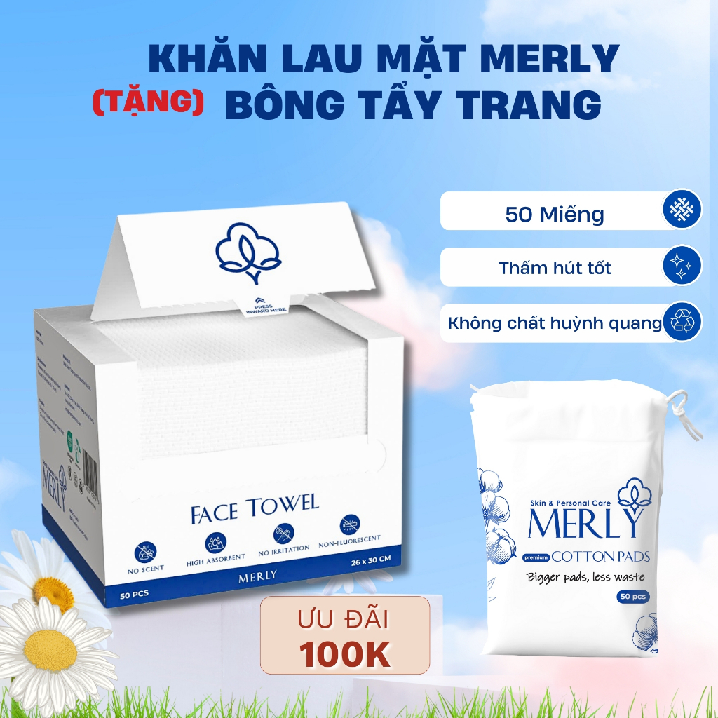 MERLY | (mua 1 tặng 1) Khăn lau mặt dùng 1 lần khổ lớn XL 26x30 cm, 100% sợi bông cotton mềm mại