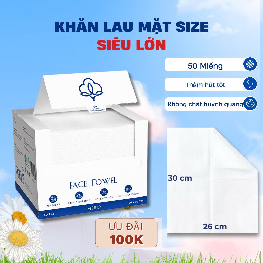 MERLY | Khăn mặt dùng 1 lần khổ lớn 26x30 cm, 100% sợi bông cotton mềm mại, tẩy trang, đắp mặt, spa
