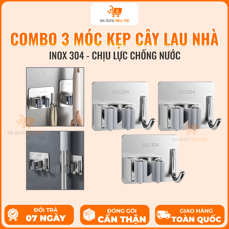 [Combo 3 Móc] Móc Treo Cây Lau Nhà, Móc Kẹp Cây Lau Nhà Đa Năng Dán Tường Có Móc Inox 304, Móc Treo 