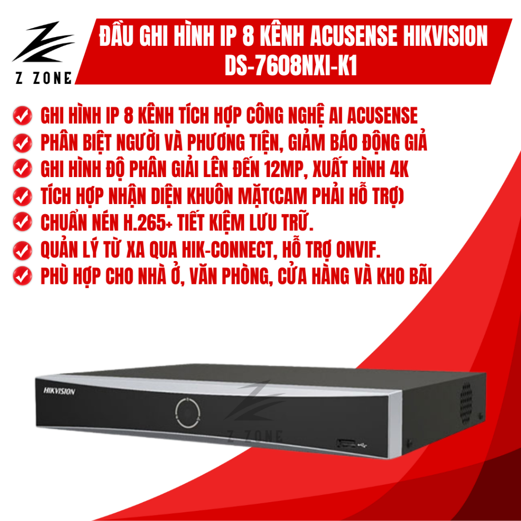 Đầu ghi hình IP 8 kênh AcuSense HIKVISION DS-7608NXI-K1, hỗ trợ camera 12MP, giảm báo động giả