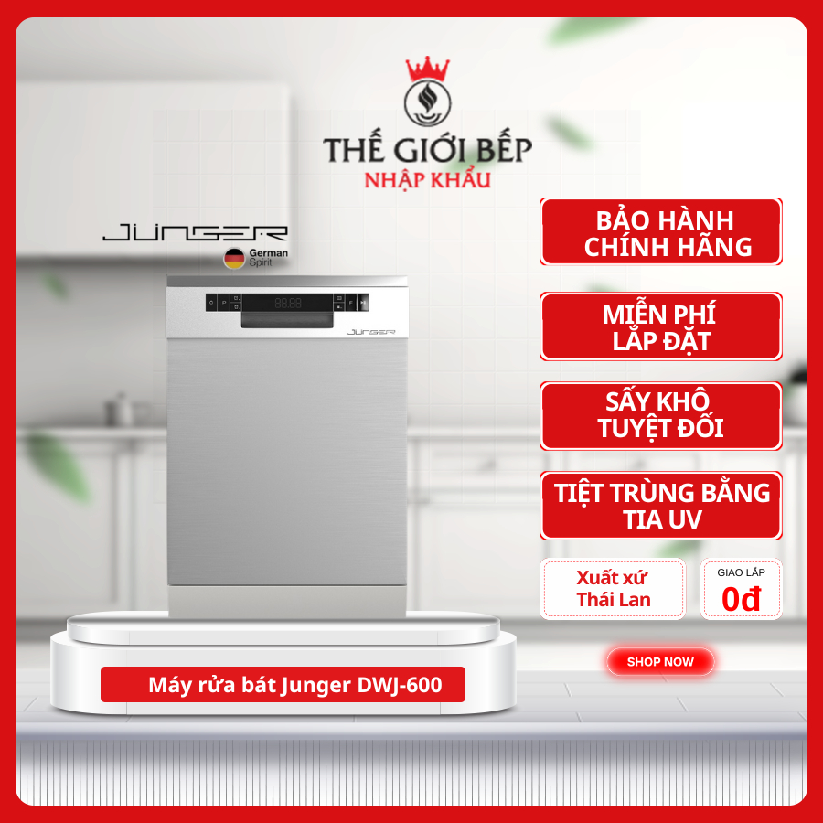 Máy Rửa Bát Junger DWJ-600 – 14 Bộ, Rửa Nước Nóng, Khử Khuẩn, Siêu Sạch