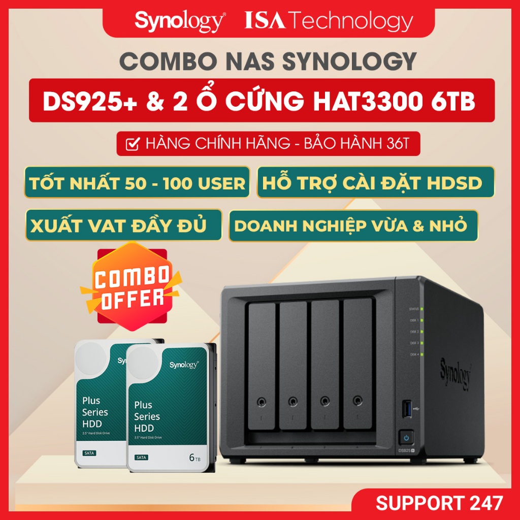 [COMBO] Nas Synology ds925+ kèm 2 ổ cứng Synology HAT 3300 6TB thiết bị lưu trữ mạng chính hãng